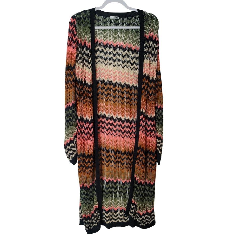 Serendipity Women L Multi Color Loose Knit Chevron Crochet Duster Cardigan Boho